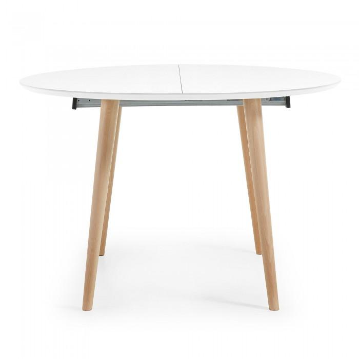 Mesa extensible Oqui redonda 120-200 cm, natural y blanco