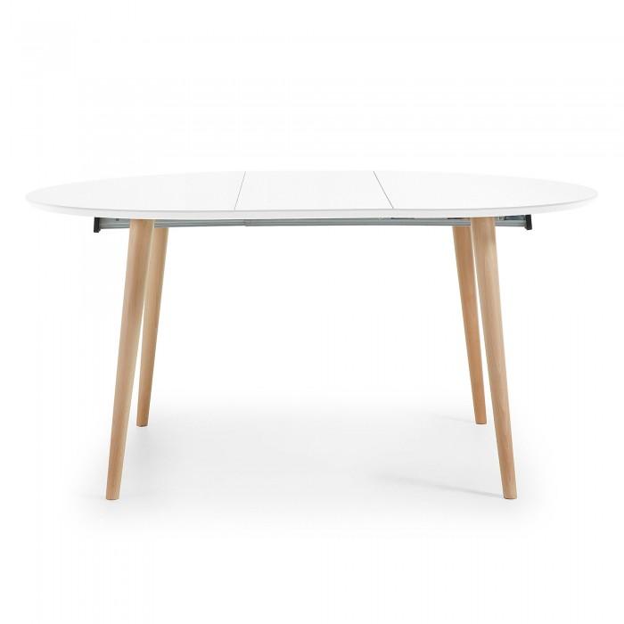 Mesa extensible Oqui redonda 120-200 cm, natural y blanco