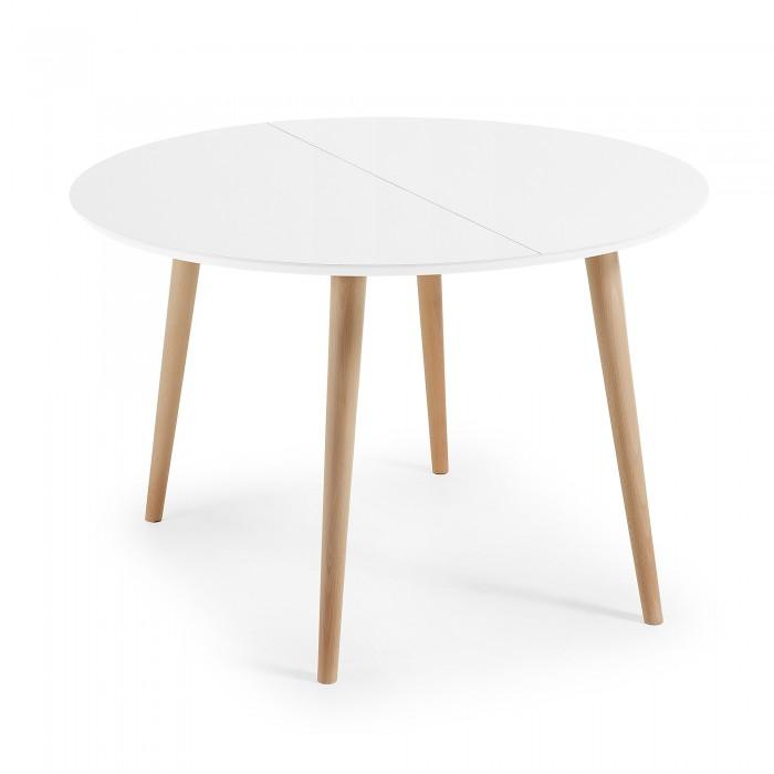Mesa extensible Oqui redonda 120-200 cm, natural y blanco