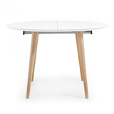 Mesa extensible Oqui redonda 120-200 cm, natural y blanco