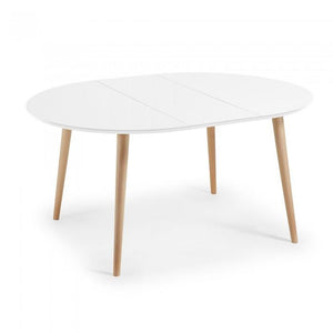 Mesa extensible Oqui redonda 120-200 cm, natural y blanco
