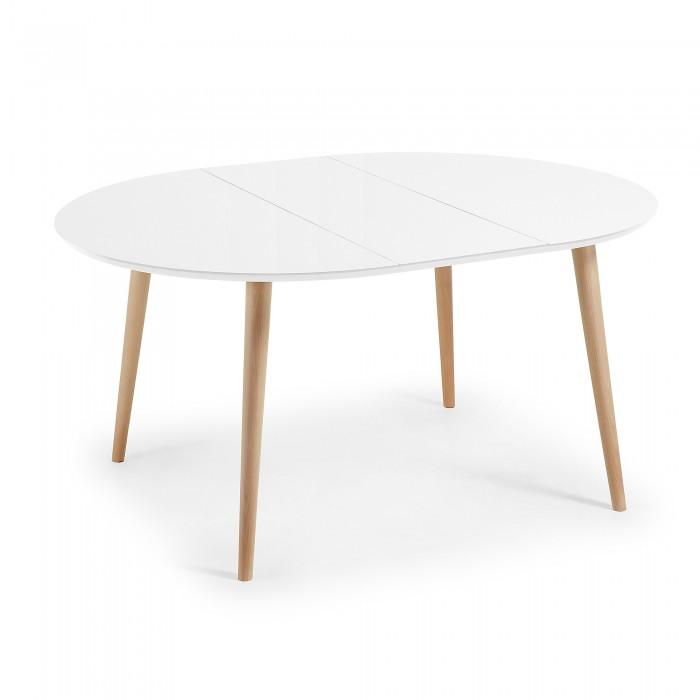 Mesa extensible Oqui redonda 120-200 cm, natural y blanco